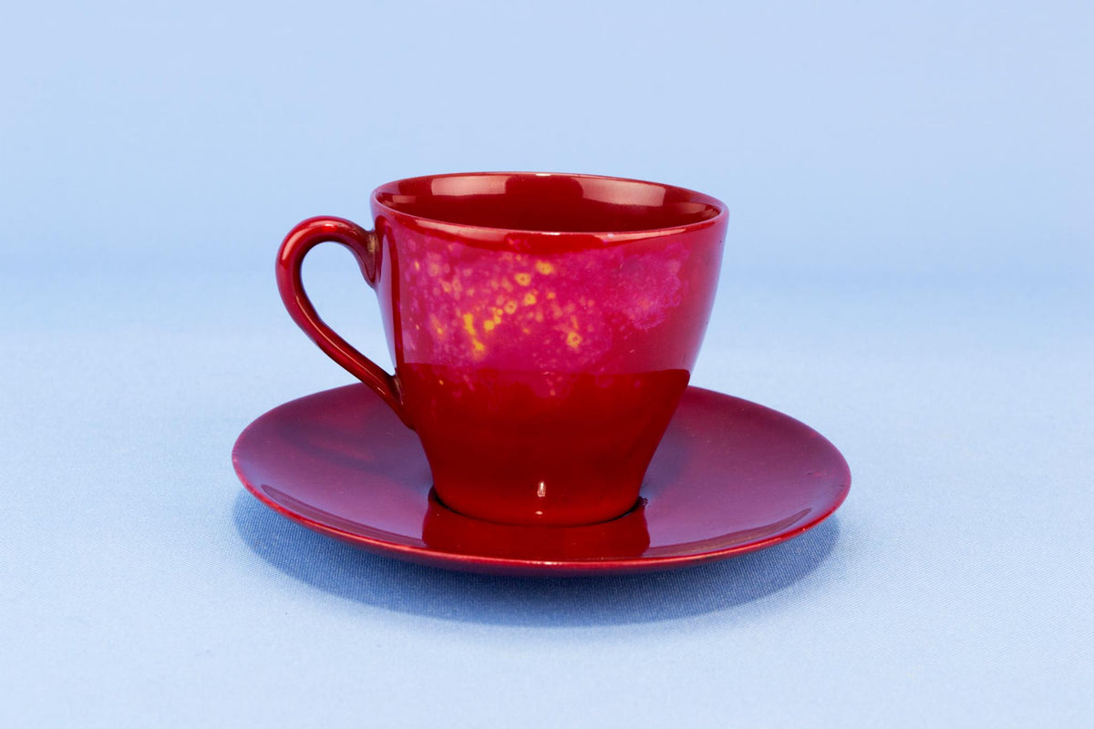 Red Royal Doulton Flambe Coffee Cup Saucer, English 1920s