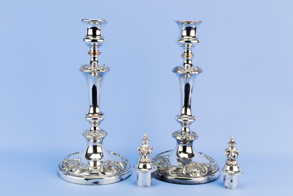 Large silver plated candlesticks, English 1840s