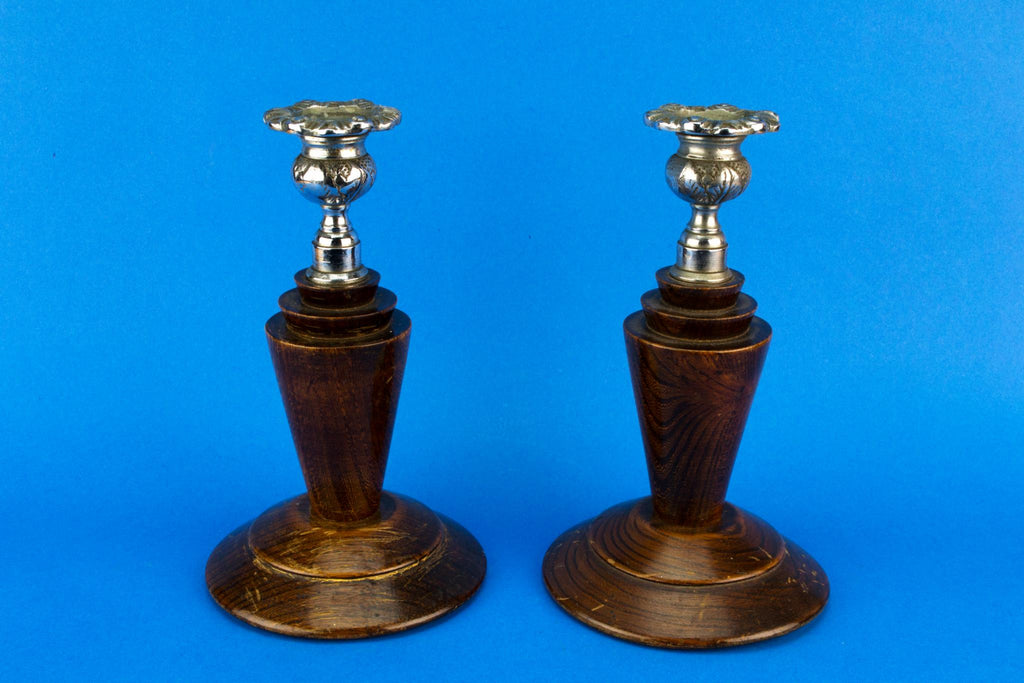 2 Oak Art Deco Candlesticks, English 1930s