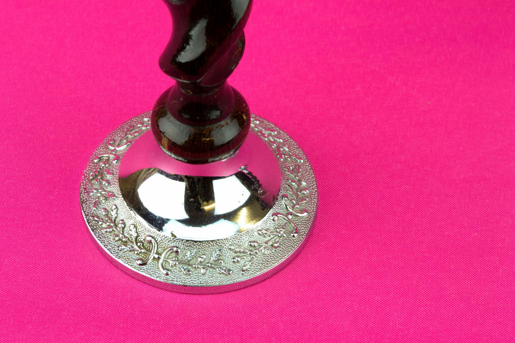2 Oak and Metal Barley Twist Candlesticks, English Mid 20th Century