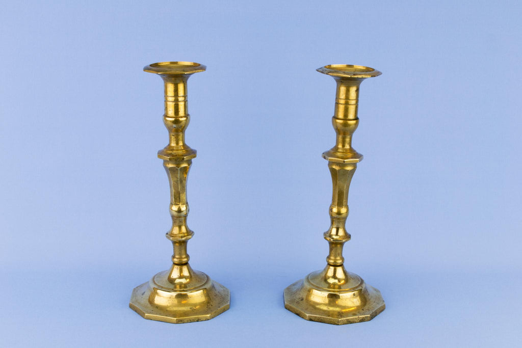 Pair Of Panelled Brass Candlesticks, English Early 1900s