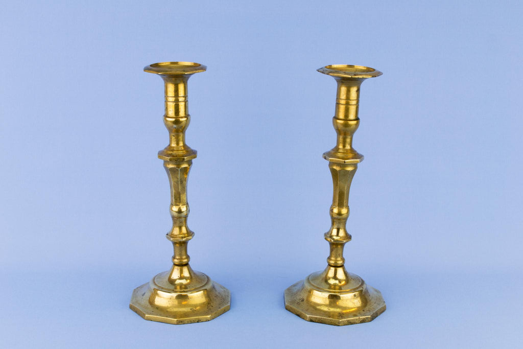 Pair Of Panelled Brass Candlesticks, English Early 1900s