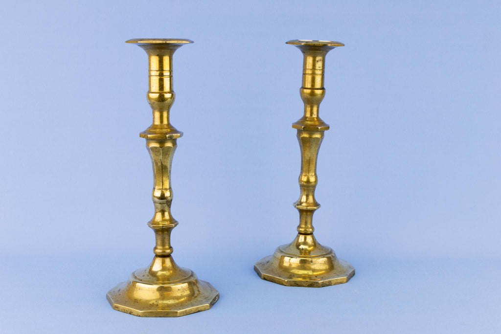 Pair Of Panelled Brass Candlesticks, English Early 1900s