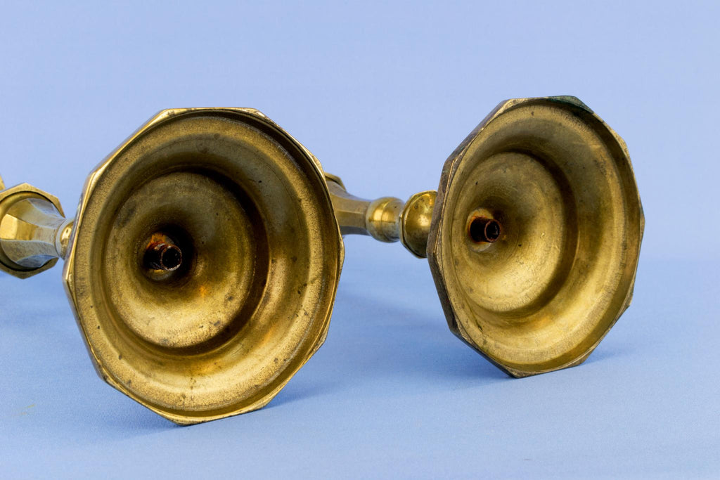 Pair Of Panelled Brass Candlesticks, English Early 1900s