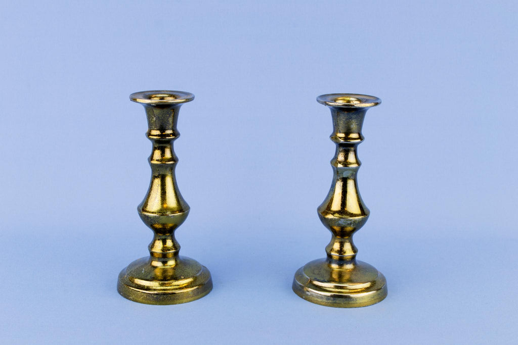 2 Small Brass Traditional Candlesticks, English Mid 20th Century