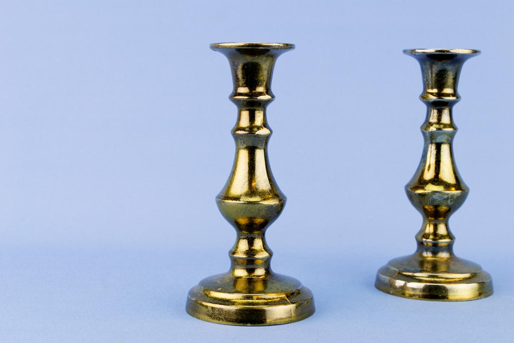 2 Small Brass Traditional Candlesticks, English Mid 20th Century