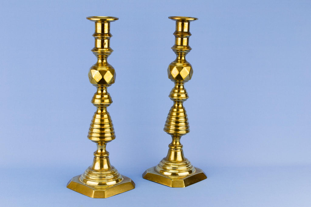 Pair Of Tall Brass Candlesticks, English 1870s