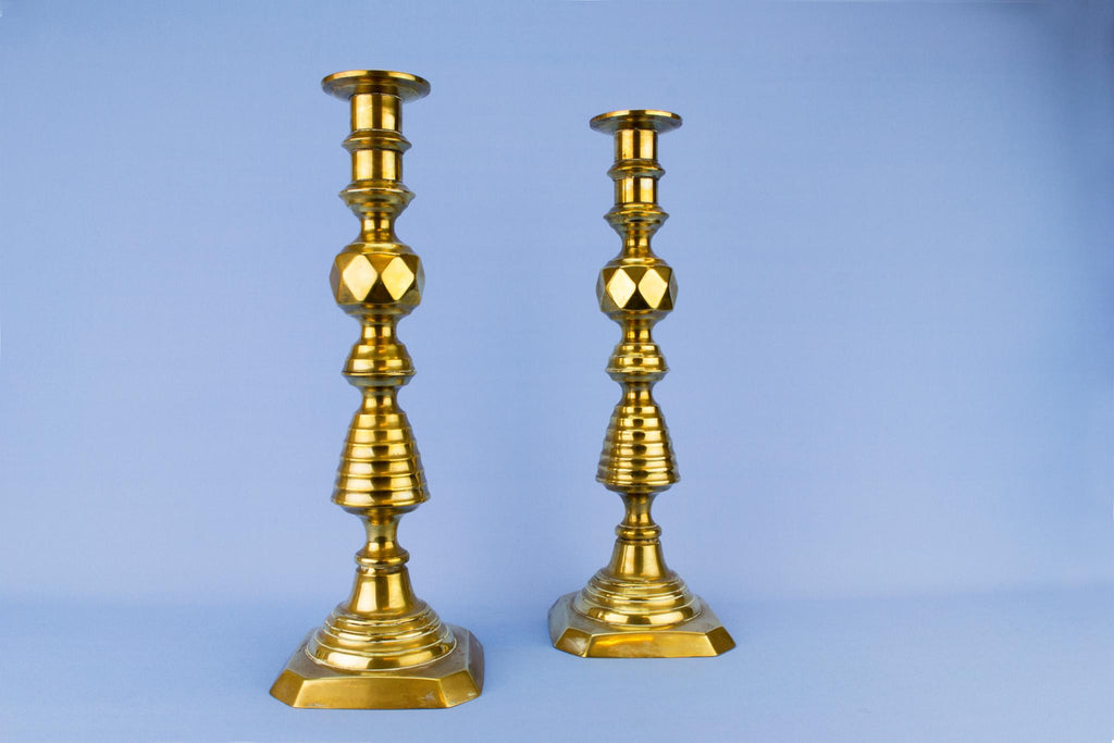 Pair Of Tall Brass Candlesticks, English 1870s