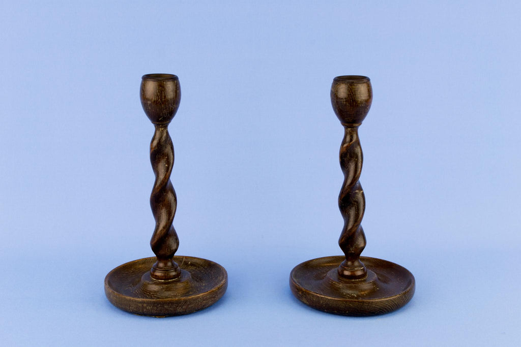 Pair Of Barley Twist Oak Candlesticks, English Early 1900s