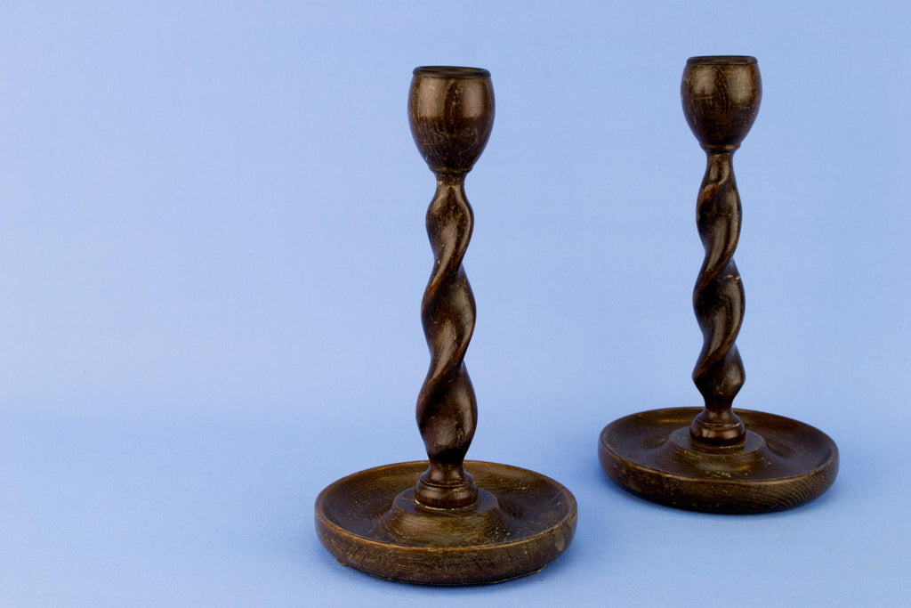 Pair Of Barley Twist Oak Candlesticks, English Early 1900s