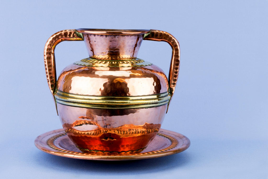 Hammered Copper & Brass Vase on Stand, Indian Mid 20th Century