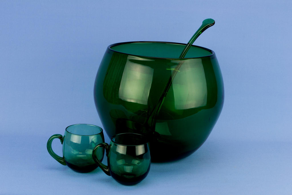 Green Glass Punch Bowl 12 Cups & ladle, English circa 1970