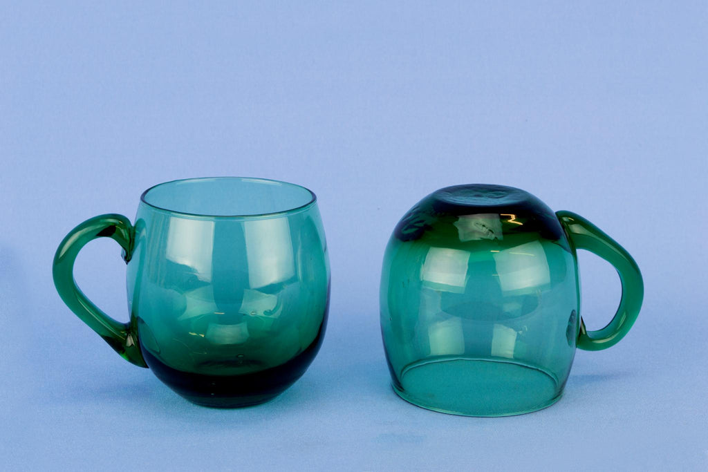 Green Glass Punch Bowl 12 Cups & ladle, English circa 1970