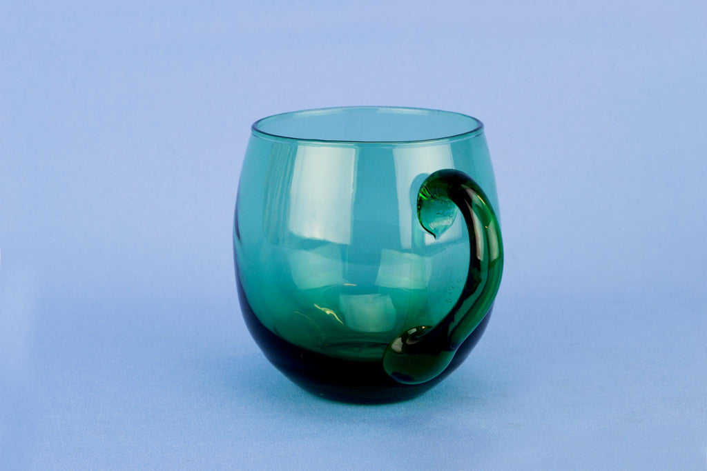 Green Glass Punch Bowl 12 Cups & ladle, English circa 1970