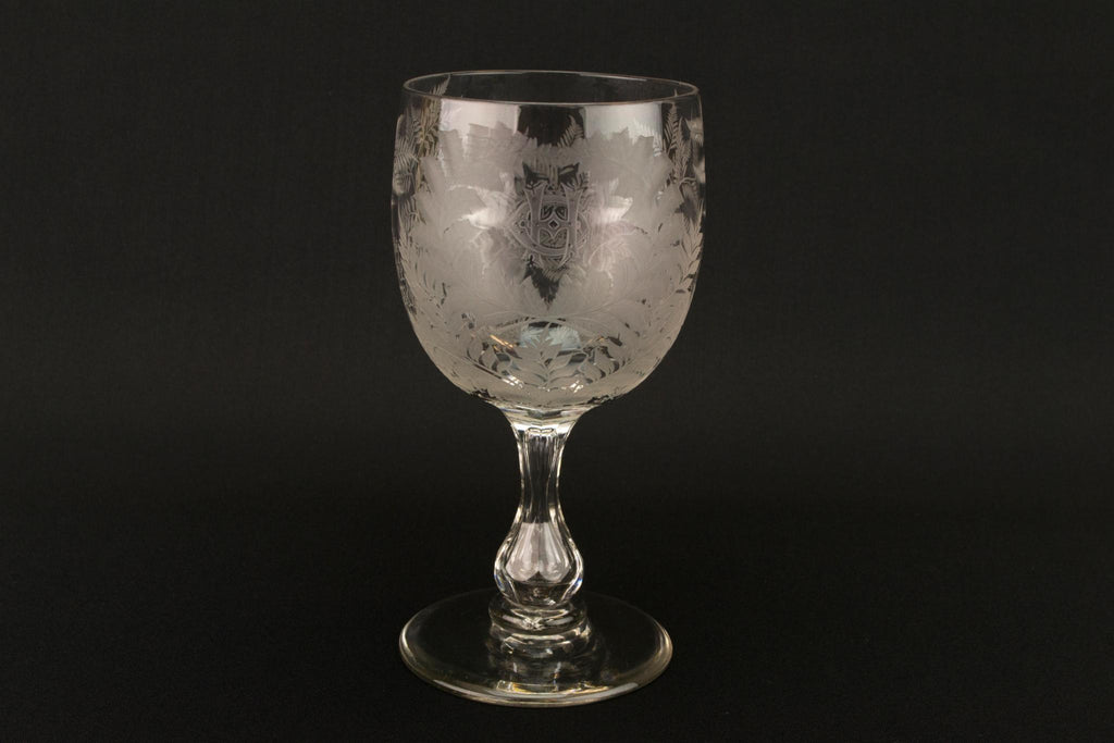 Large Fern Engraved Wine Glass, English Early 1900s