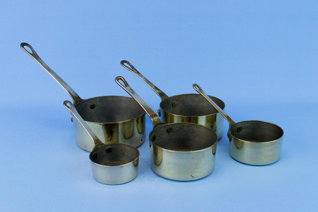 5 Brass Cooking Pana, English Mid 20th Century