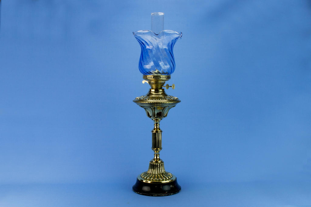 Blue Glass & Brass Victorian Oil Lamp, English Circa 1900