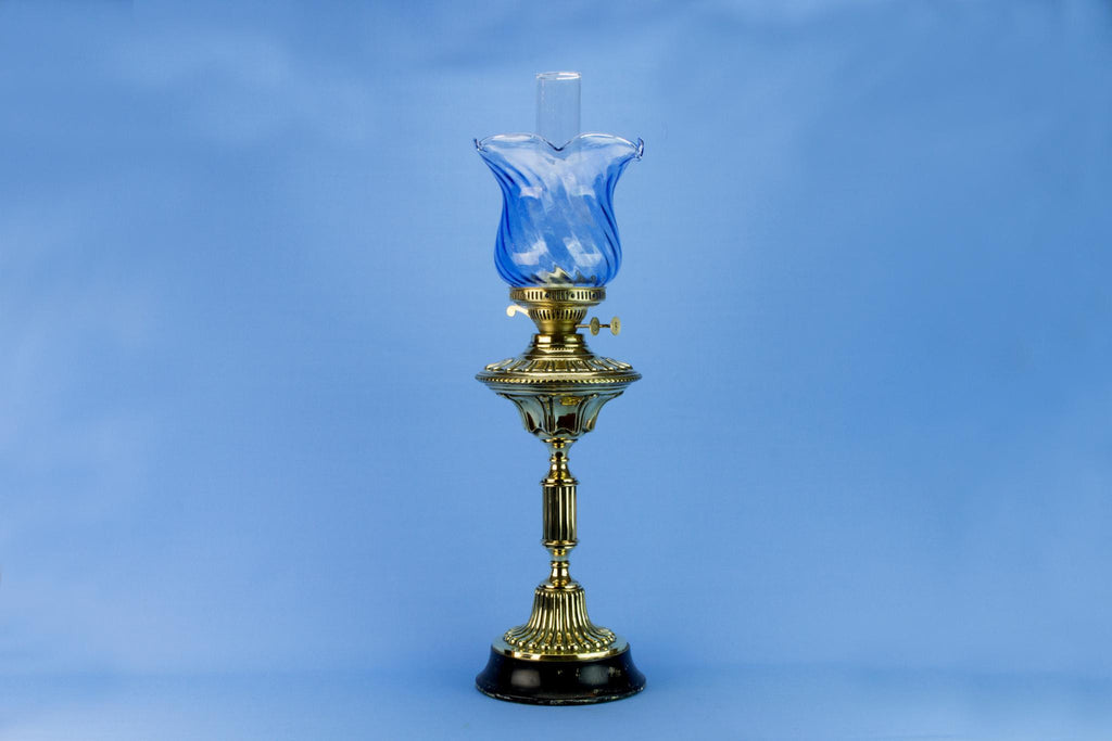 Blue Glass & Brass Victorian Oil Lamp, English Circa 1900