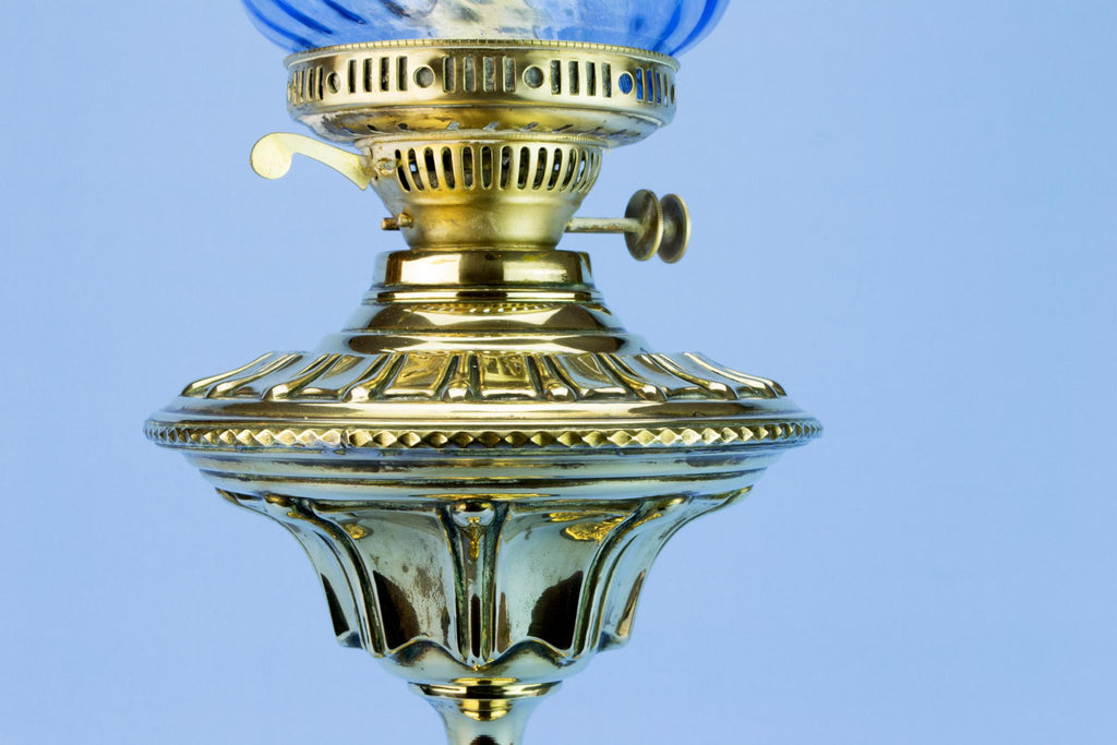Blue Glass & Brass Victorian Oil Lamp, English Circa 1900