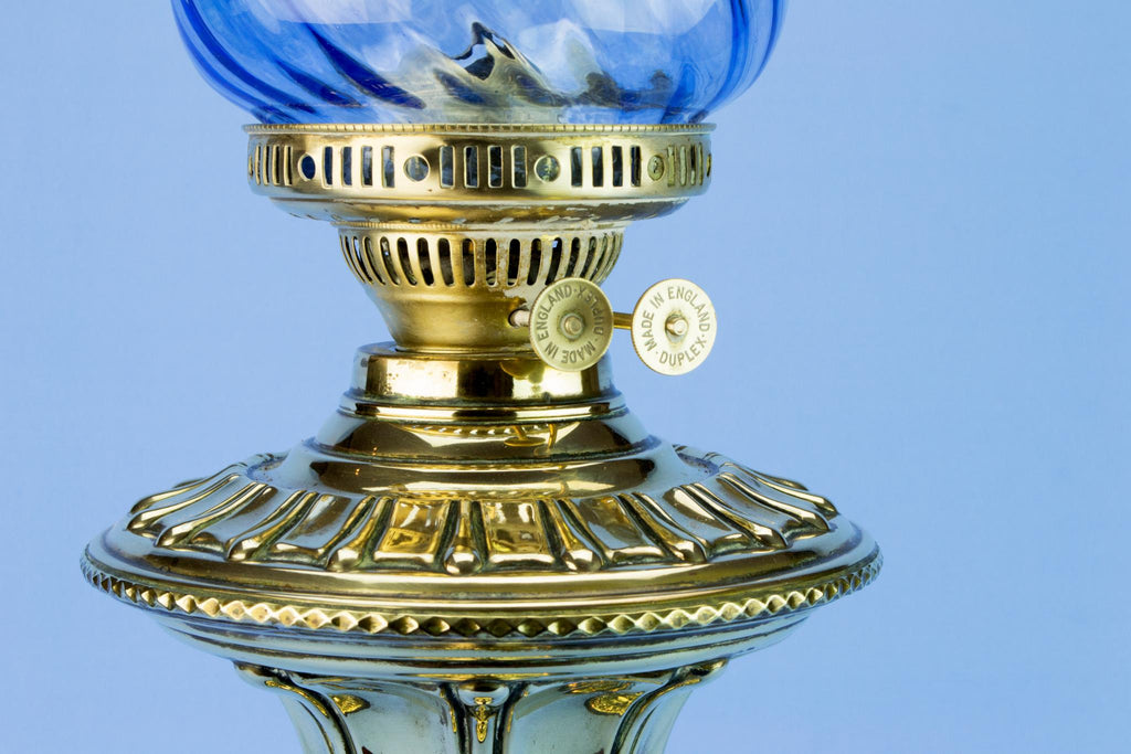 Blue Glass & Brass Victorian Oil Lamp, English Circa 1900