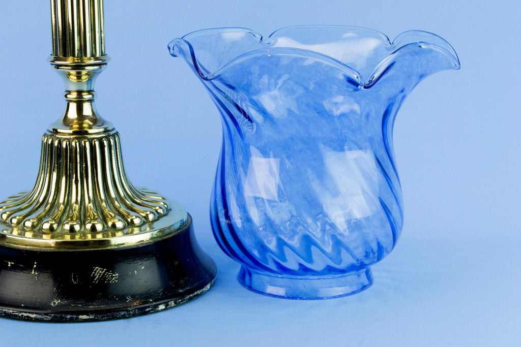 Blue Glass & Brass Victorian Oil Lamp, English Circa 1900