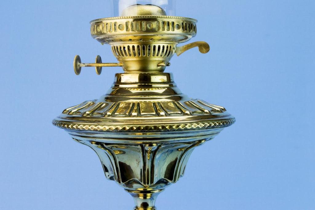 Blue Glass & Brass Victorian Oil Lamp, English Circa 1900
