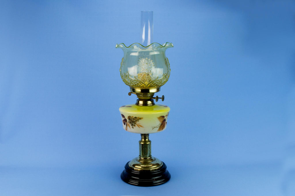 Painted Glass & Brass Victorian Oil Lamp, English Late 19th Century