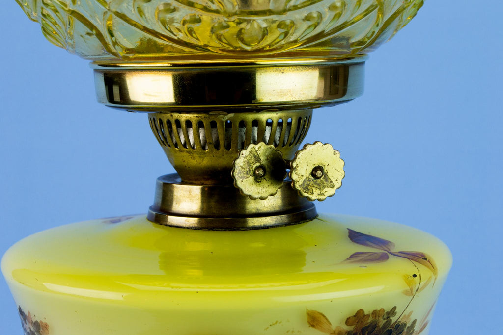 Painted Glass & Brass Victorian Oil Lamp, English Late 19th Century