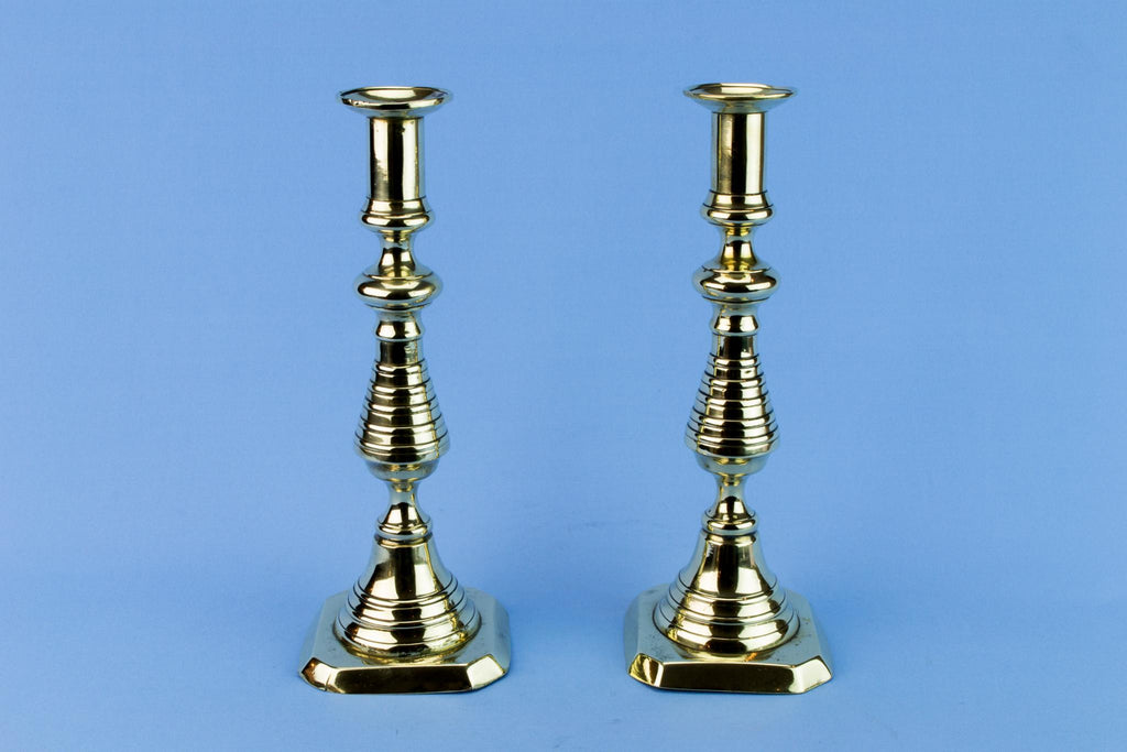 2 Brass Aesthetic Movement Candlesticks, English 19th Century