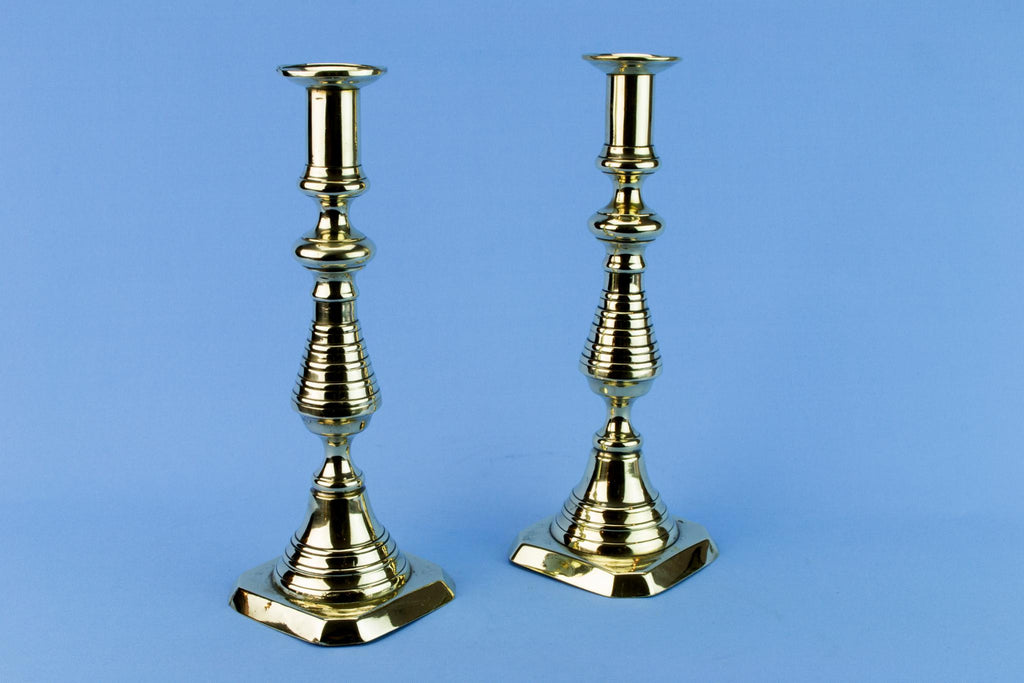 2 Brass Aesthetic Movement Candlesticks, English 19th Century