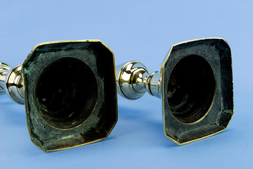 2 Brass Aesthetic Movement Candlesticks, English 19th Century