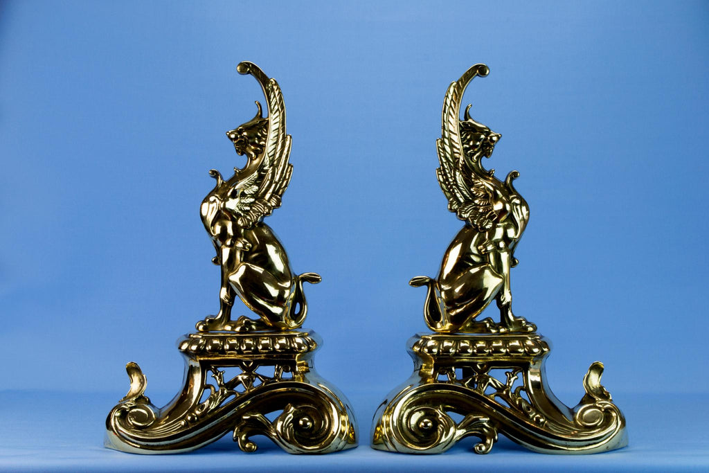 Two Brass Griffin Fireplace Andirons, English Early 1900s