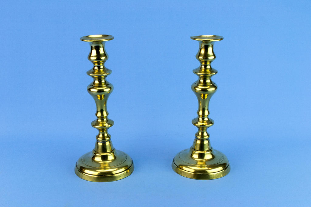 Two Brass Medium Victorian Candlesticks, English 19th Century