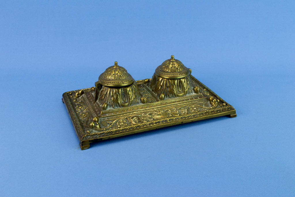 Brass Medium Victorian Double Inkwell, English Circa 1870