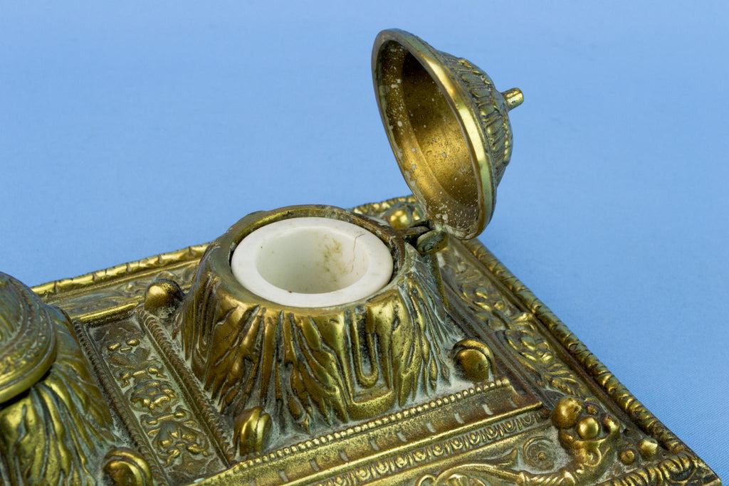 Brass Medium Victorian Double Inkwell, English Circa 1870