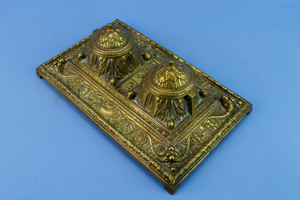 Brass Medium Victorian Double Inkwell, English Circa 1870