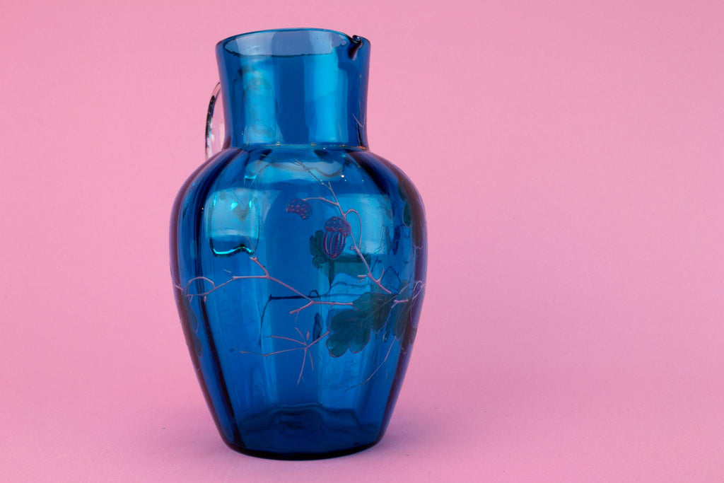 Blue glass painted Jug, English Early 1900s