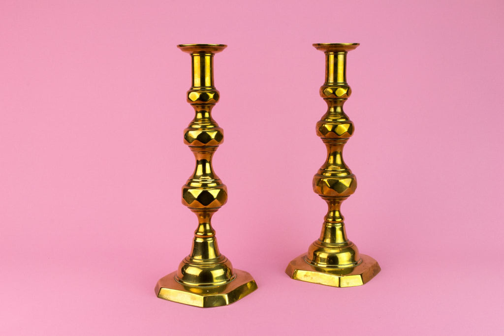 Pair Of Brass Tall Candlesticks, English 19th Century