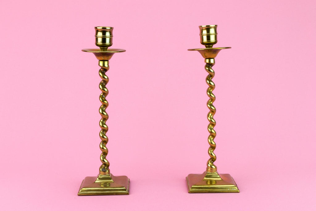 Pair Of Brass Barley Twist Candlesticks, English Late 19th Century