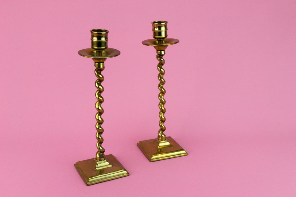 Pair Of Brass Barley Twist Candlesticks, English Late 19th Century