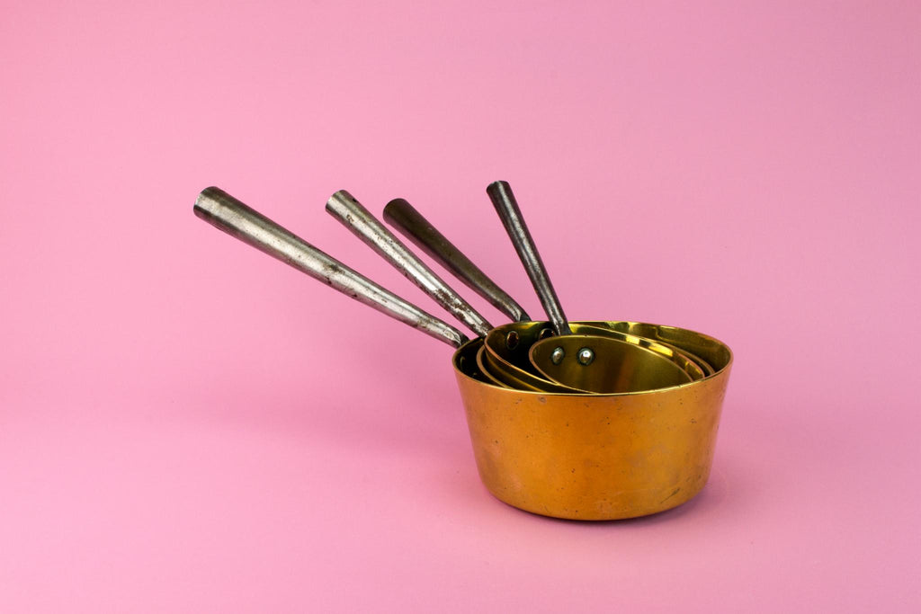 4 brass cooking pans, English Early 1900s