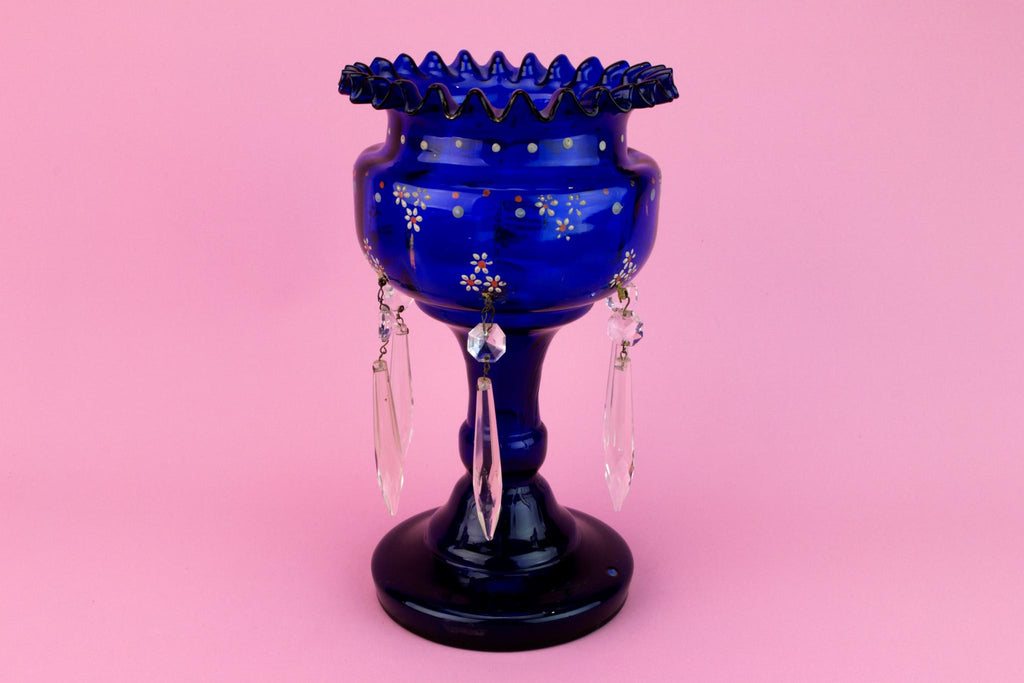 Blue Glass Vase Centrepiece with Crystal Pendants, English 19th Century