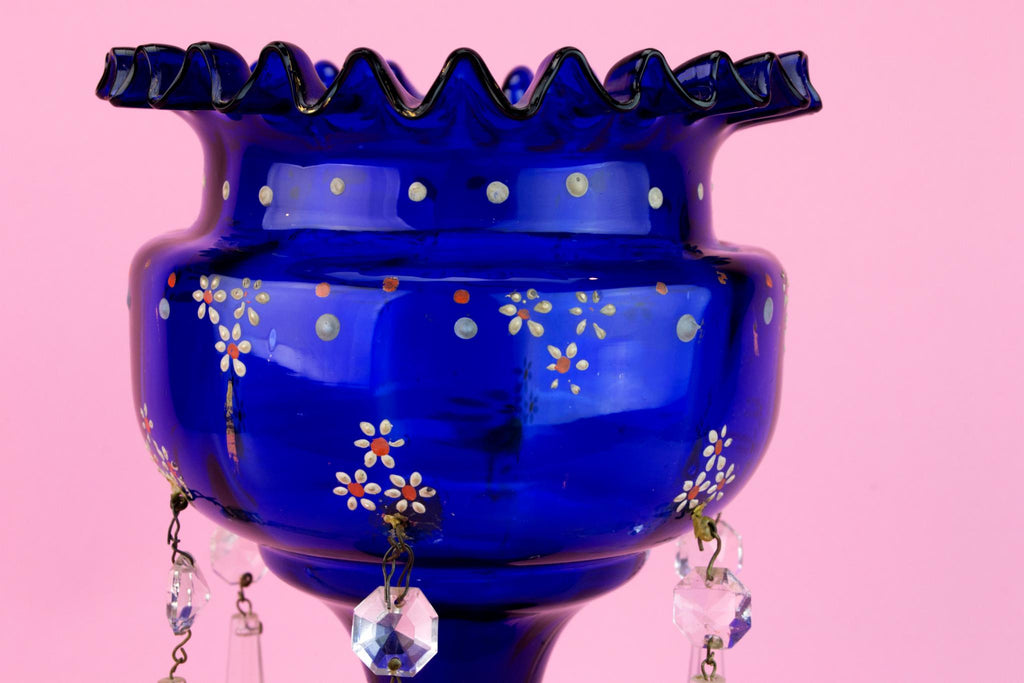 Blue Glass Vase Centrepiece with Crystal Pendants, English 19th Century