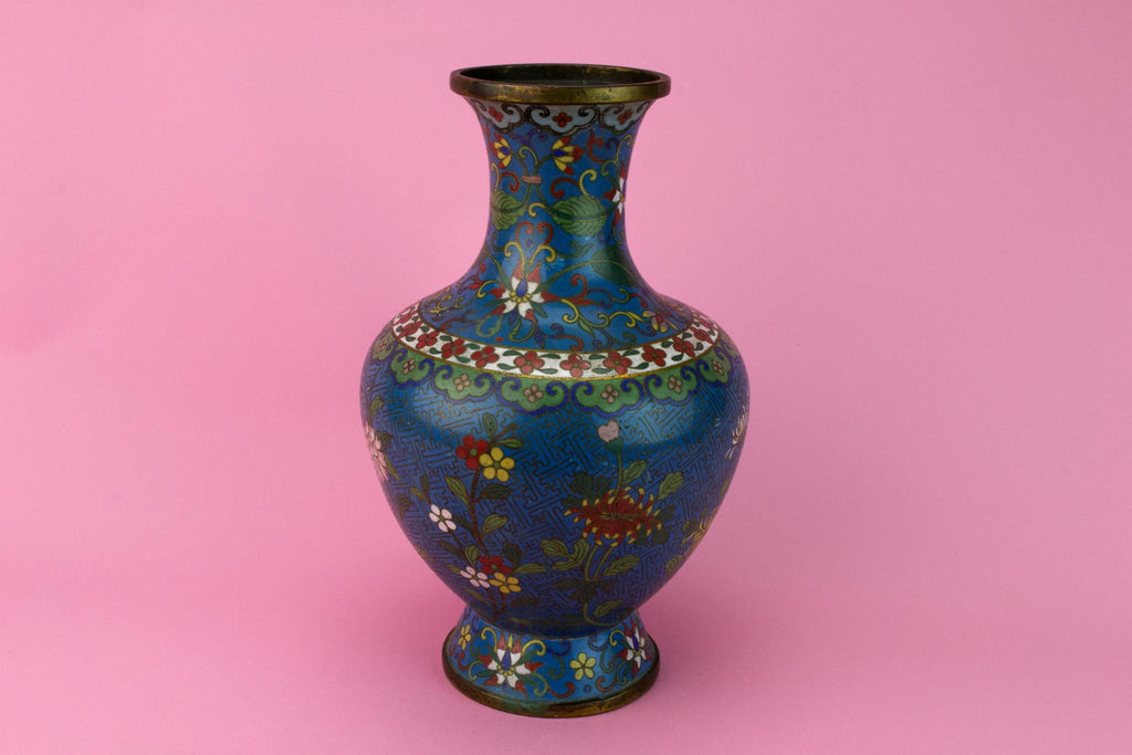 Cloisonne Enamel Blue Brass Vase, Chinese Late 19th Century