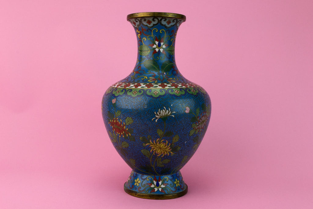 Cloisonne Enamel Blue Brass Vase, Chinese Late 19th Century