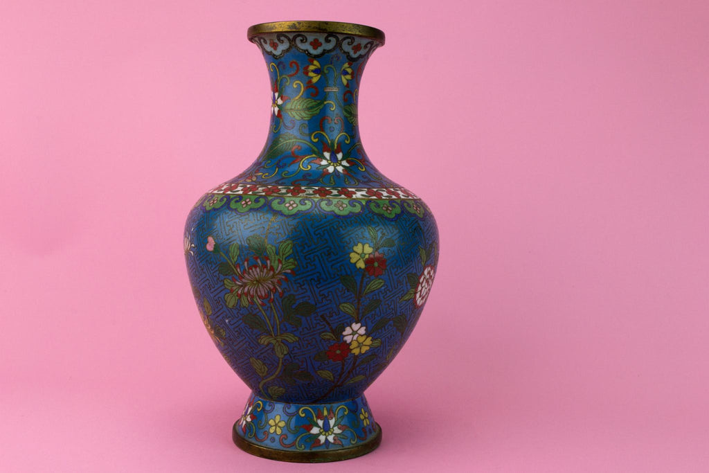 Cloisonne Enamel Blue Brass Vase, Chinese Late 19th Century