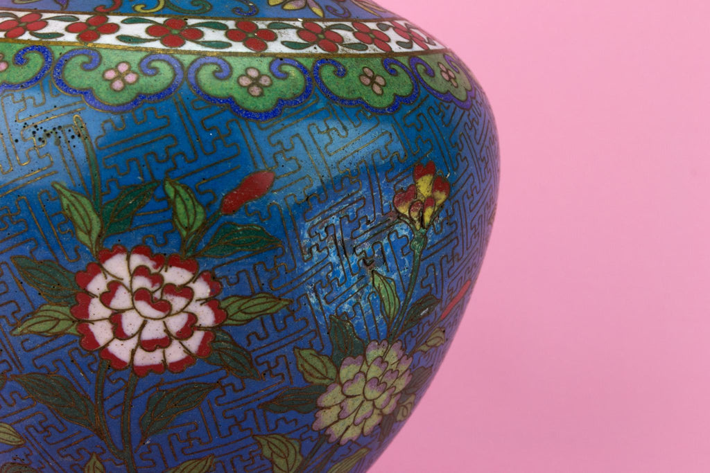 Cloisonne Enamel Blue Brass Vase, Chinese Late 19th Century