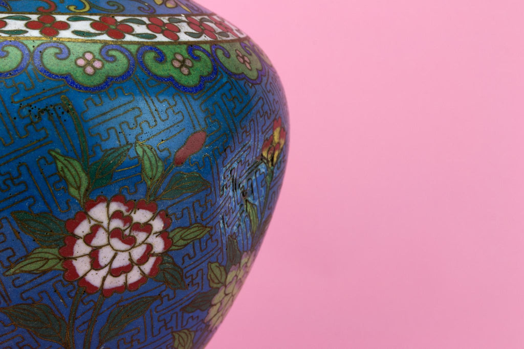 Cloisonne Enamel Blue Brass Vase, Chinese Late 19th Century