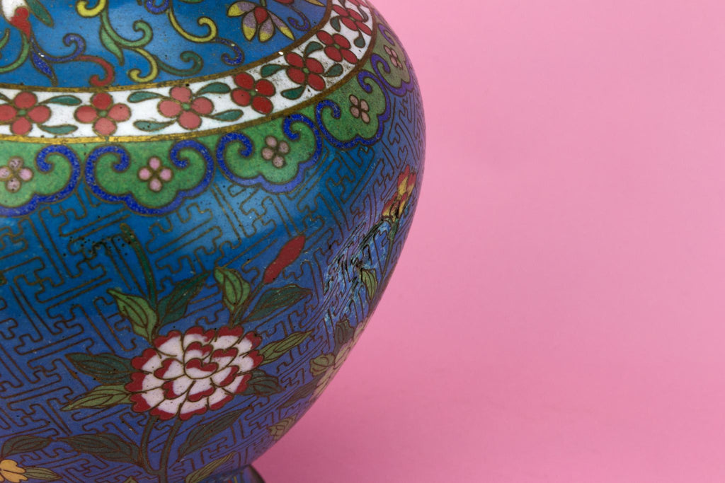 Cloisonne Enamel Blue Brass Vase, Chinese Late 19th Century
