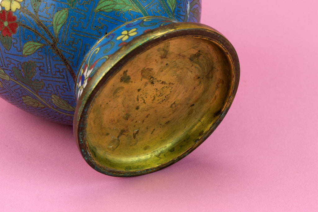 Cloisonne Enamel Blue Brass Vase, Chinese Late 19th Century